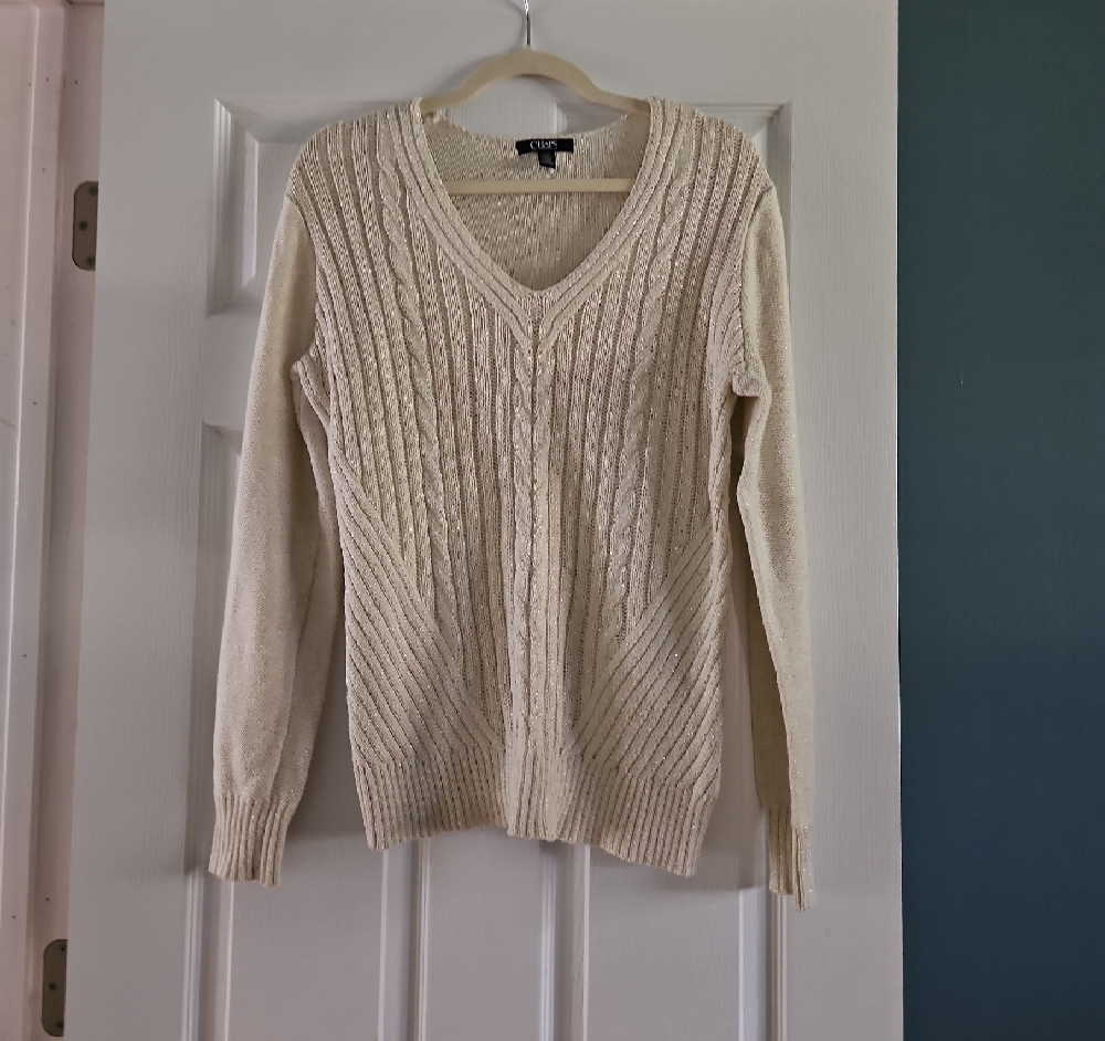 Chaps Cream w/Gold Threading V-Neck Cable Knit Sweater Size L